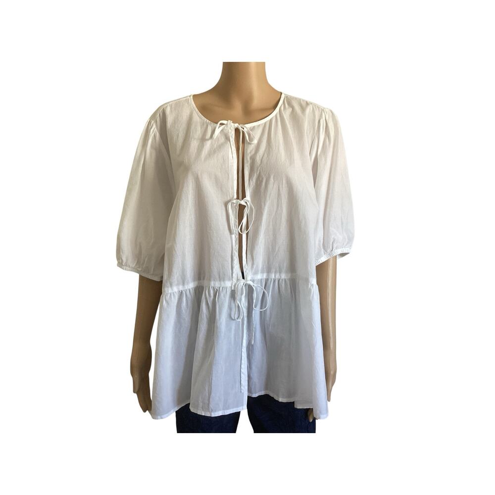Torrid White Tie Front Peasant Blouse Puff Sleeve Babydoll Flounce Top Plus 1X